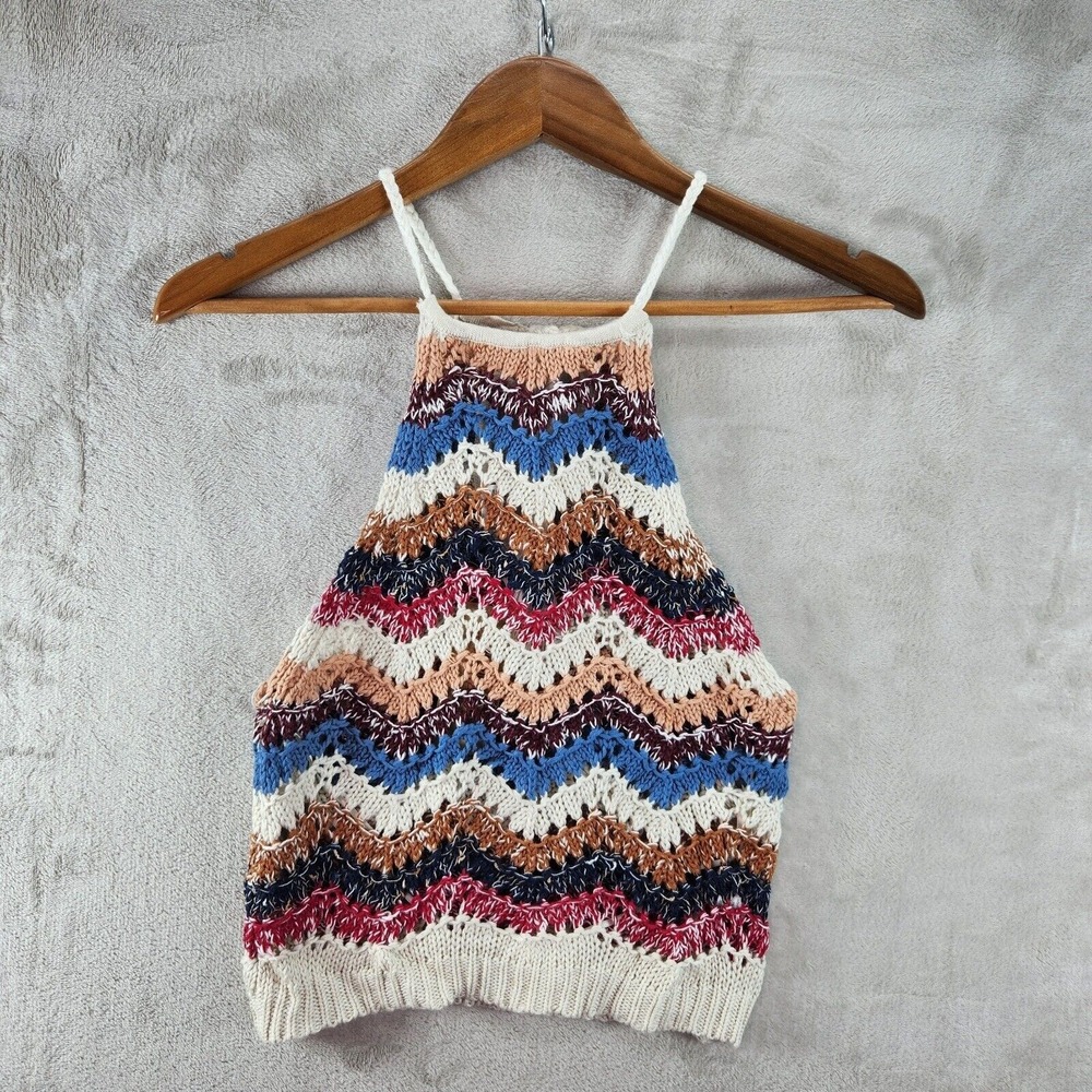 American‎ Rag San Diego Crochet Halter Chevron Knit Sleeveless Crop Oatmeal Sz S